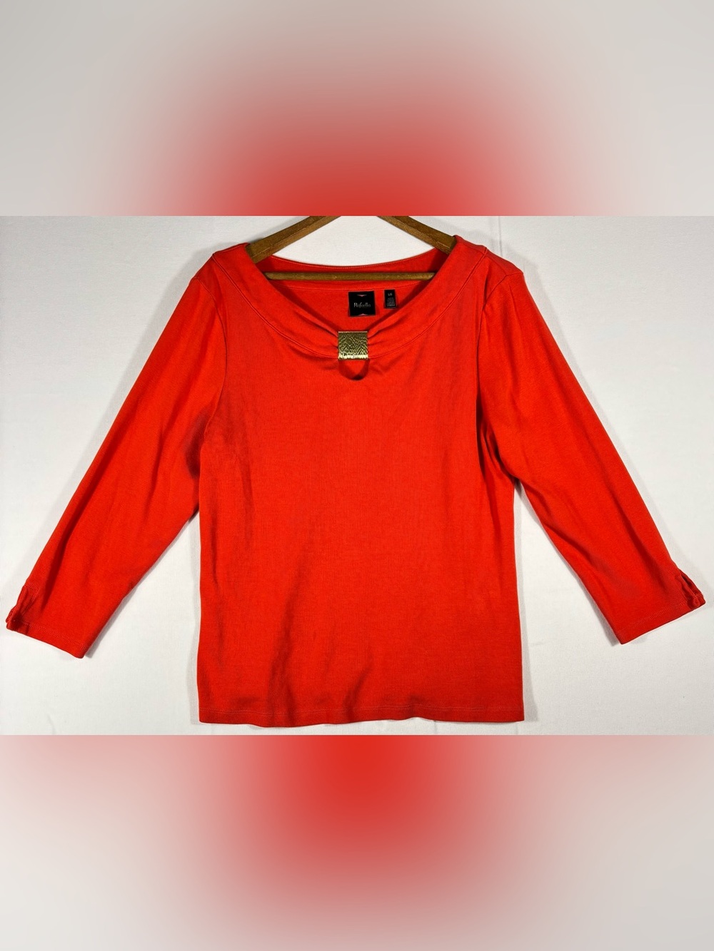 Rafaella Women’s L Red Long Sleeve Keyhole Cotton Top with Gold Metal Accent